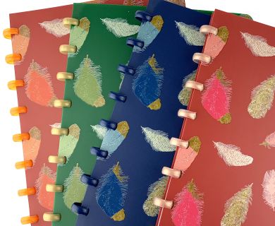 Disc-bound notebooks printed with a feather pattern in a choice of four colours, with complementary discs and white lined paper.