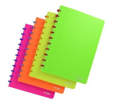 Disc-bound notebooks with bright poly covers and contrasting discs.